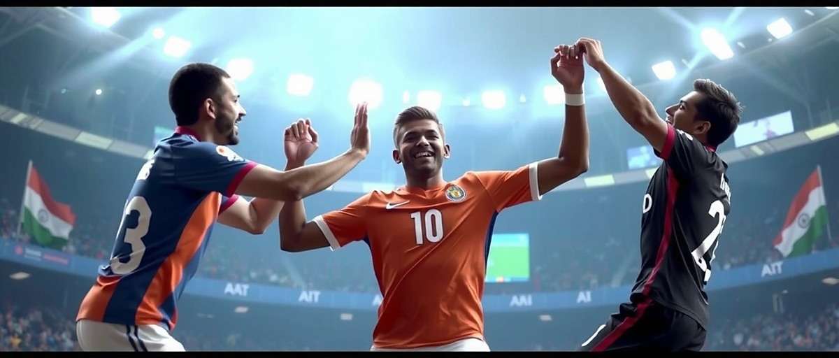 Players celebrating a goal in Football Superstars of India with Indian-themed celebrations